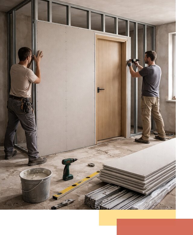 Перегородка из гипсокартона с дверью под ключ в Балаково