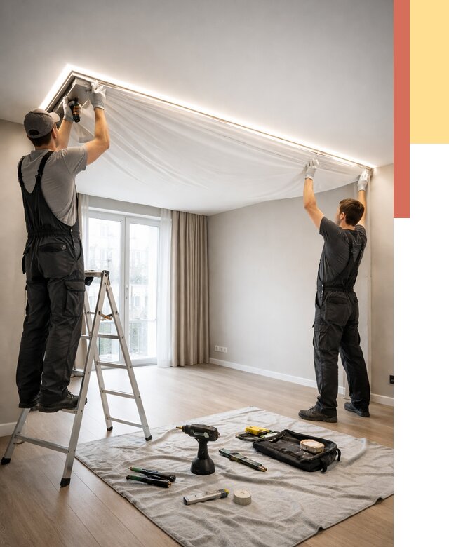 Монтаж парящего натяжного потолка в Балаково от 4580 руб. быстро и недорого | ОТДЕЛОЧНИК-Блк