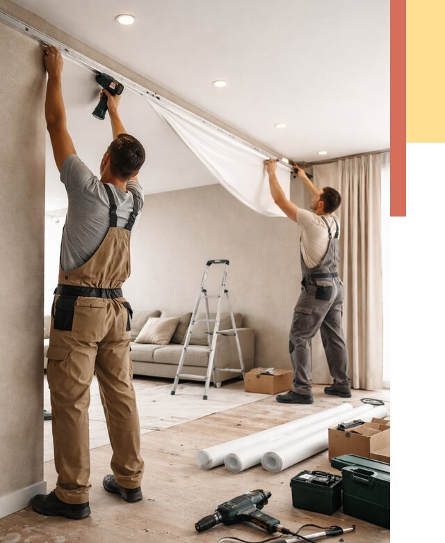 Монтаж натяжного потолка в гостиной в Балаково от 560 руб. | ОТДЕЛОЧНИК-Блк