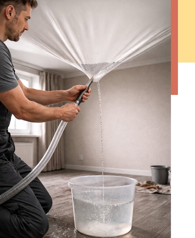 Слив воды с натяжного потолка в Балаково от 2544 руб. быстро и недорого | ОТДЕЛОЧНИК-Блк