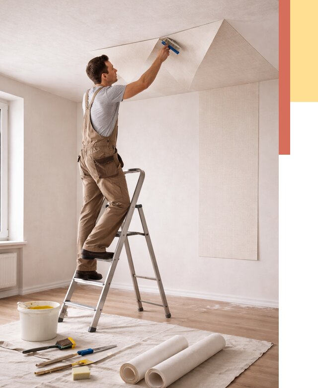 Поклейка обоев на потолок в Балаково от 4580 руб. быстро и недорого | ОТДЕЛОЧНИК-Блк